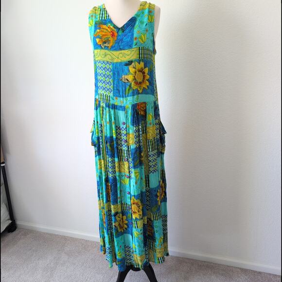 Vintage Maxi Dress Womens Medium Summer Blue Sunflower Garden Cottage Bohemian - Picture 7 of 13